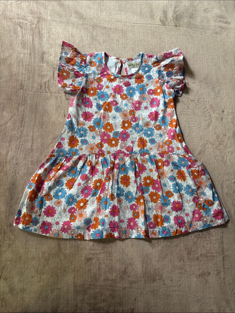 Lucky Jade White Cotton Dress with Pink, Blue & Orange Daisies